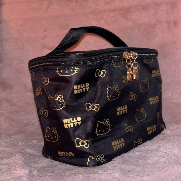 Sanrio Hello Kitty Black & Gold Makeup Bag Gold Face Ladies Cosmetic Train Case - Picture 3 of 4